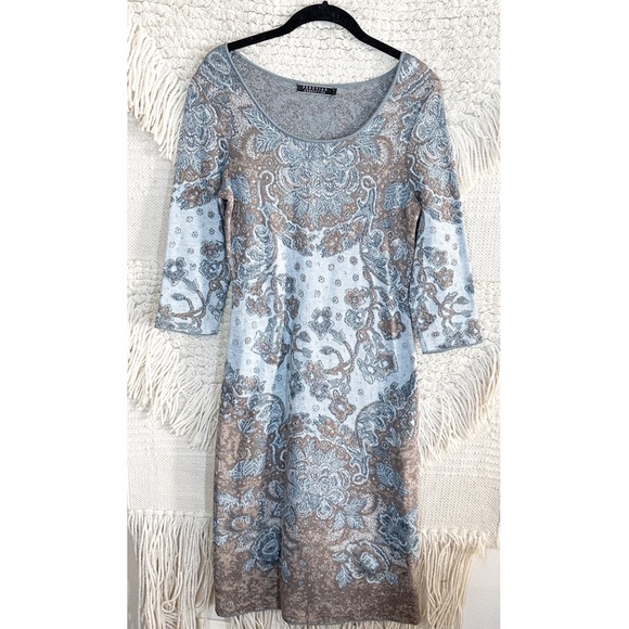 PERUVIAN CONNECTION blue and brown paisley pima cotton midi sweater dress S - Picture 1 of 9